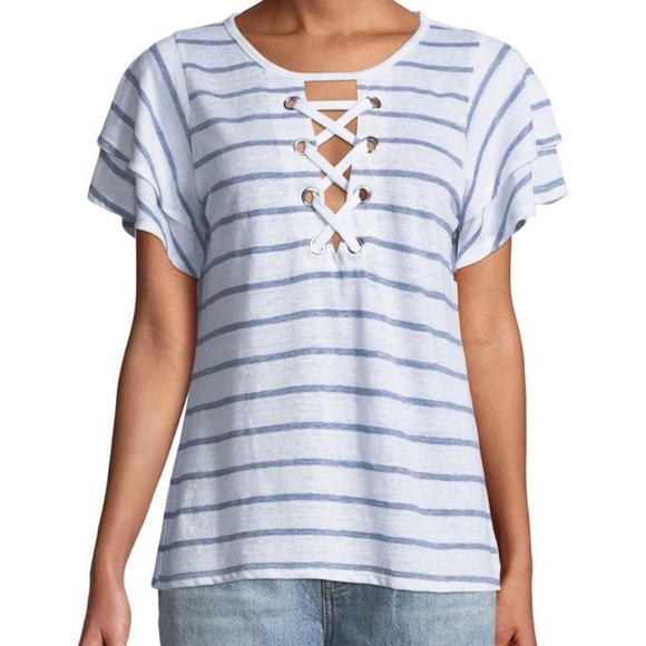 Generation Love Lace Up Linen Striped Top - Picture 1 of 7